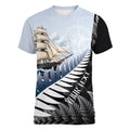 Personalised New Zealand Pakeha Women V-Neck T-Shirt Kiwi Silver Fern and Sailing Ship Compass