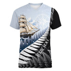 Personalised New Zealand Pakeha Women V-Neck T-Shirt Kiwi Silver Fern and Sailing Ship Compass