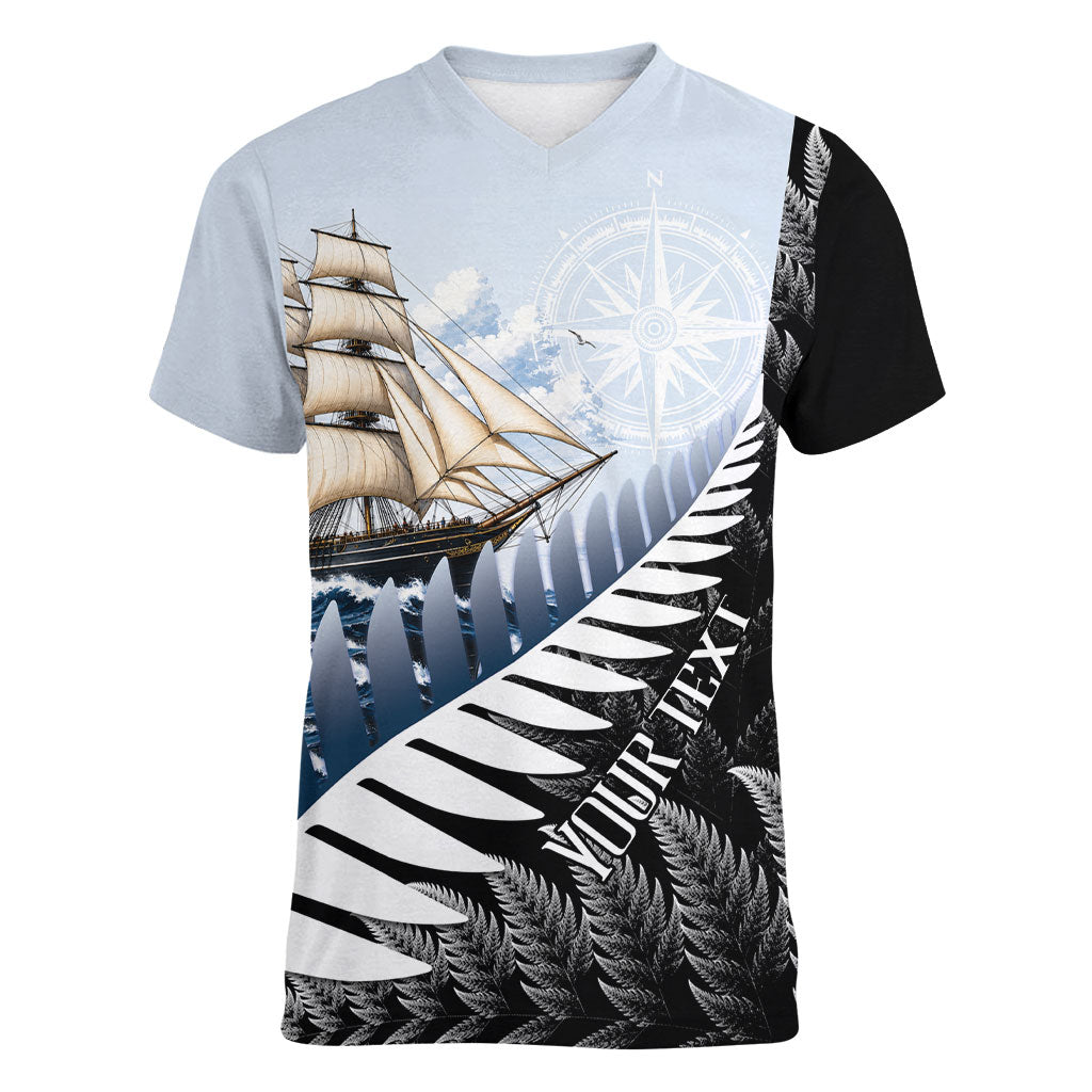 Personalised New Zealand Pakeha Women V-Neck T-Shirt Kiwi Silver Fern and Sailing Ship Compass
