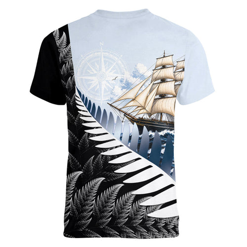 Personalised New Zealand Pakeha Women V-Neck T-Shirt Kiwi Silver Fern and Sailing Ship Compass