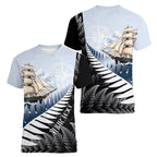 Personalised New Zealand Pakeha Women V-Neck T-Shirt Kiwi Silver Fern and Sailing Ship Compass