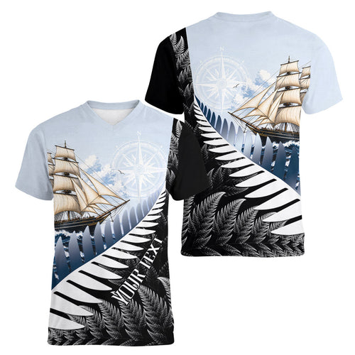 Personalised New Zealand Pakeha Women V-Neck T-Shirt Kiwi Silver Fern and Sailing Ship Compass