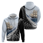 Personalised New Zealand Pakeha Zip Hoodie Kiwi Silver Fern and Sailing Ship Compass