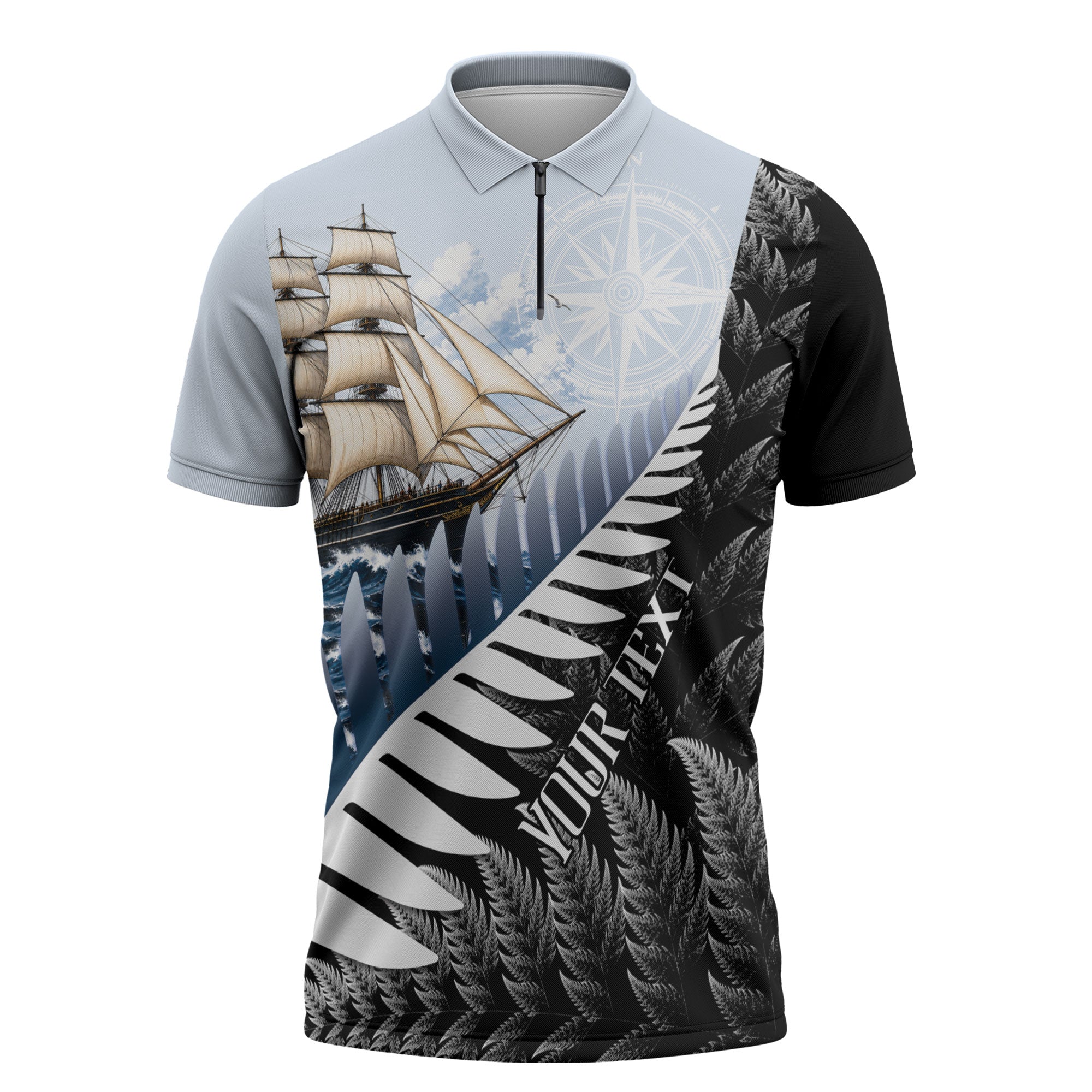 Personalised New Zealand Pakeha Zipper Polo Shirt Kiwi Silver Fern and Sailing Ship Compass