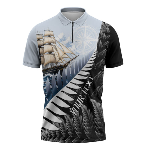 Personalised New Zealand Pakeha Zipper Polo Shirt Kiwi Silver Fern and Sailing Ship Compass