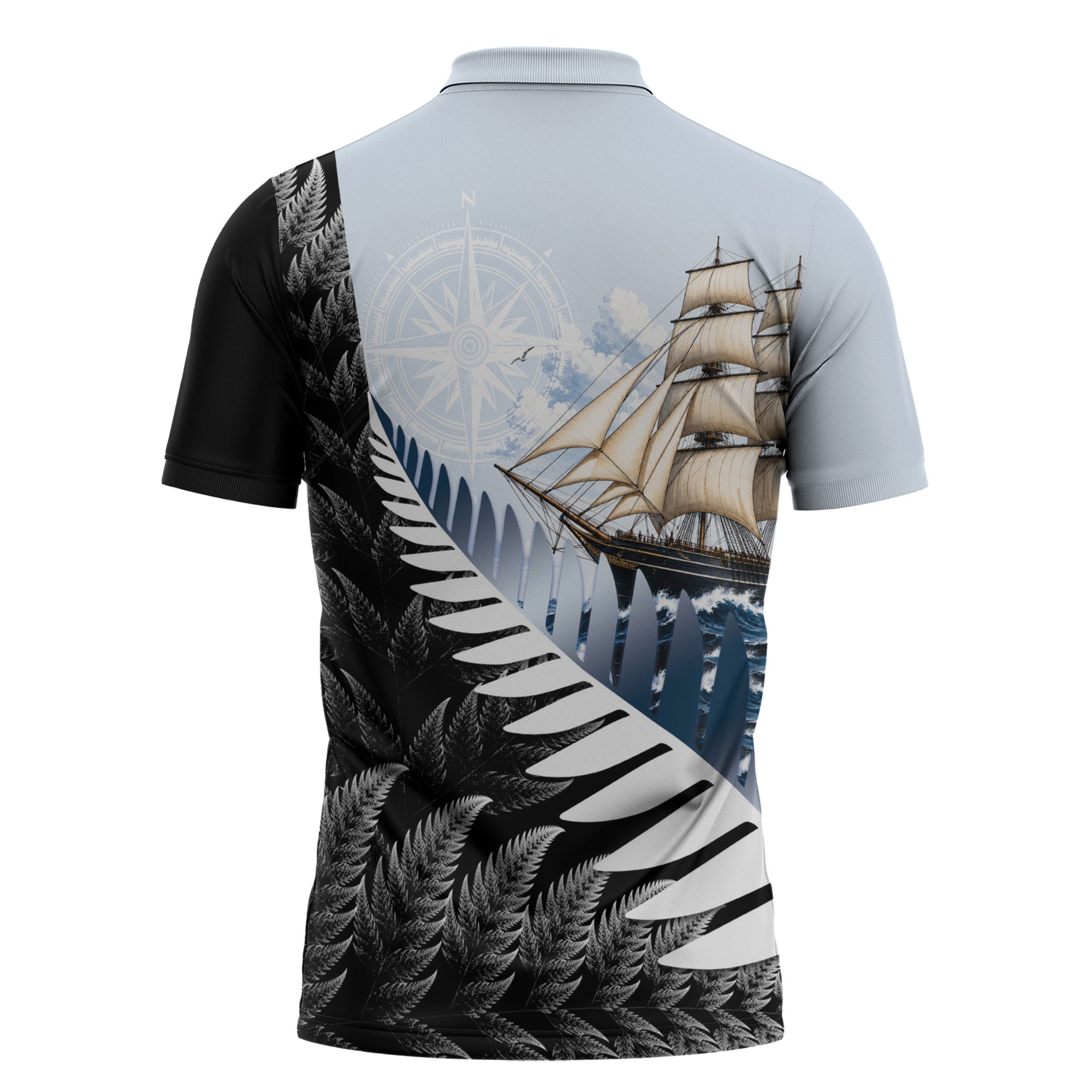 Personalised New Zealand Pakeha Zipper Polo Shirt Kiwi Silver Fern and Sailing Ship Compass