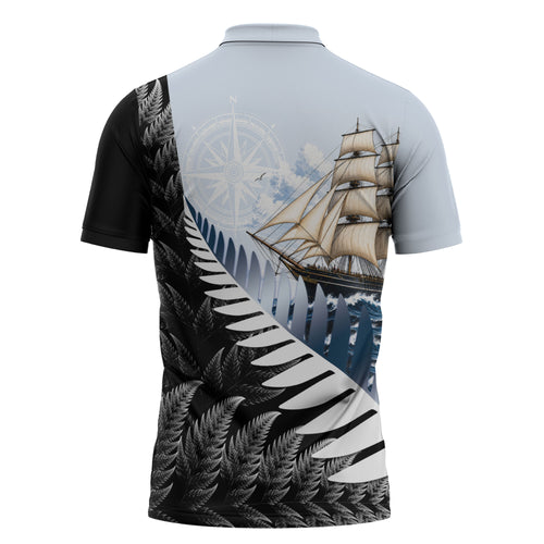 Personalised New Zealand Pakeha Zipper Polo Shirt Kiwi Silver Fern and Sailing Ship Compass