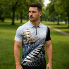 Personalised New Zealand Pakeha Zipper Polo Shirt Kiwi Silver Fern and Sailing Ship Compass