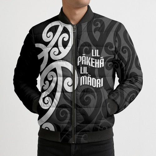Lil Pakeha Lil Maori New Zealand Bomber Puffer Jacket Kiwi Proud Mangopare Pattern