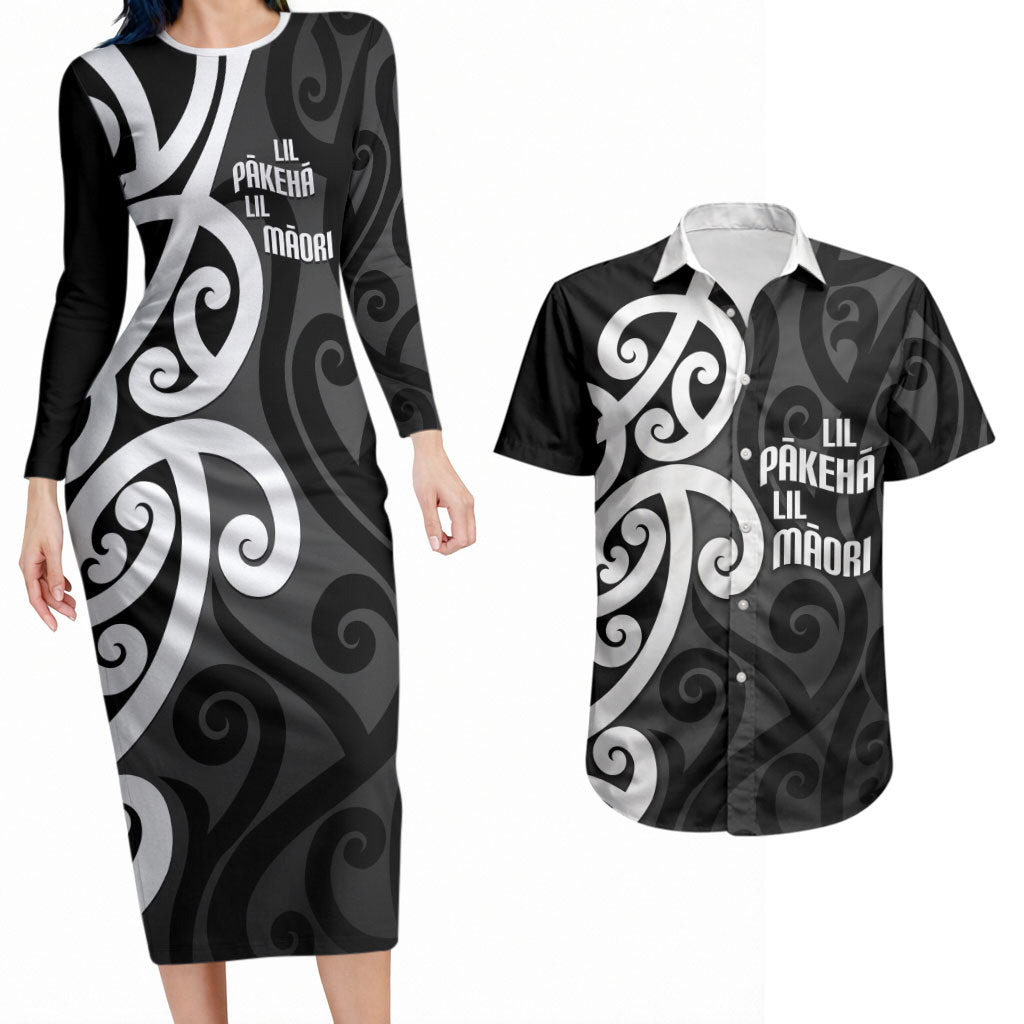 Lil Pakeha Lil Maori New Zealand Couples Matching Long Sleeve Bodycon Dress and Hawaiian Shirt Kiwi Proud Mangopare Pattern