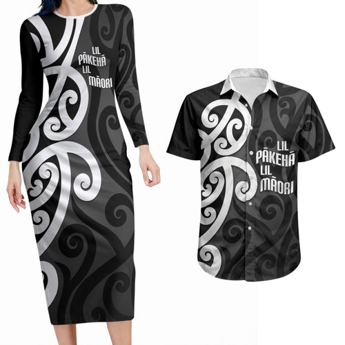 Lil Pakeha Lil Maori New Zealand Couples Matching Long Sleeve Bodycon Dress and Hawaiian Shirt Kiwi Proud Mangopare Pattern
