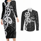 Lil Pakeha Lil Maori New Zealand Couples Matching Long Sleeve Bodycon Dress and Long Sleeve Button Shirt Kiwi Proud Mangopare Pattern