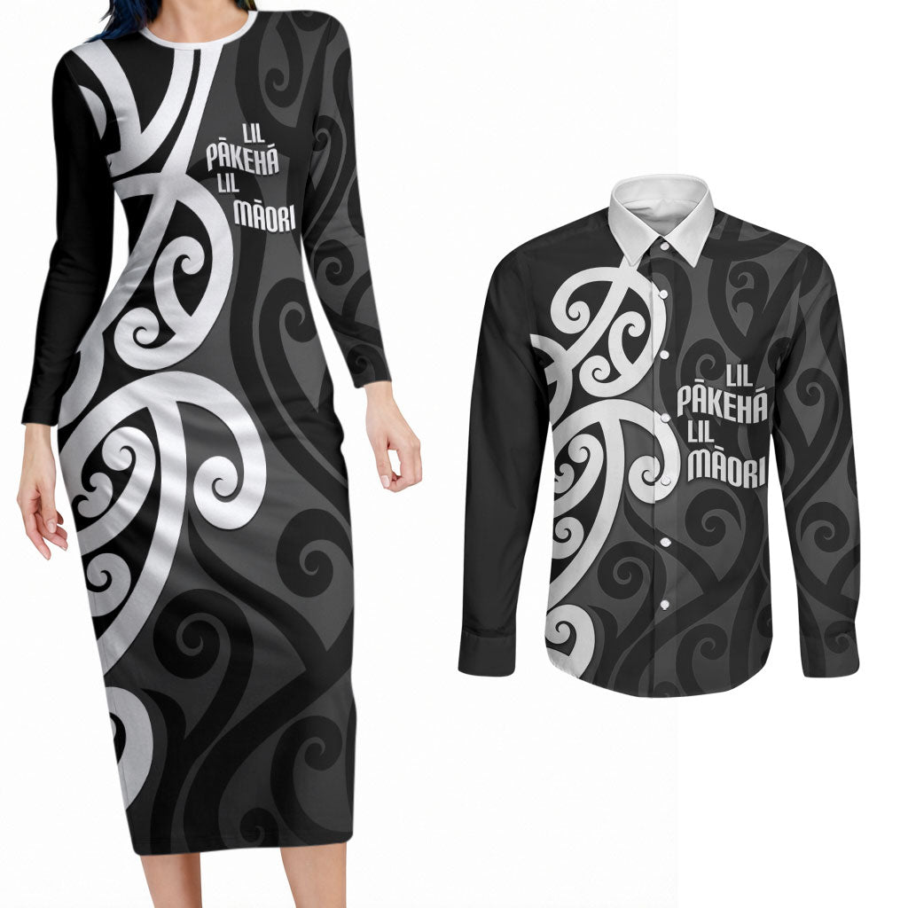 Lil Pakeha Lil Maori New Zealand Couples Matching Long Sleeve Bodycon Dress and Long Sleeve Button Shirt Kiwi Proud Mangopare Pattern