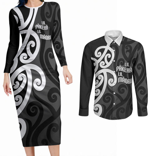 Lil Pakeha Lil Maori New Zealand Couples Matching Long Sleeve Bodycon Dress and Long Sleeve Button Shirt Kiwi Proud Mangopare Pattern