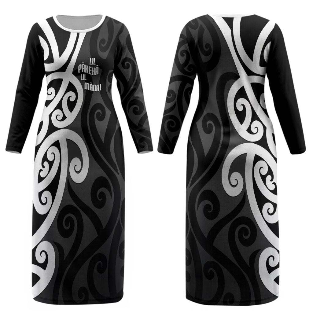 Lil Pakeha Lil Maori New Zealand Couples Matching Long Sleeve Bodycon Dress and Long Sleeve Button Shirt Kiwi Proud Mangopare Pattern