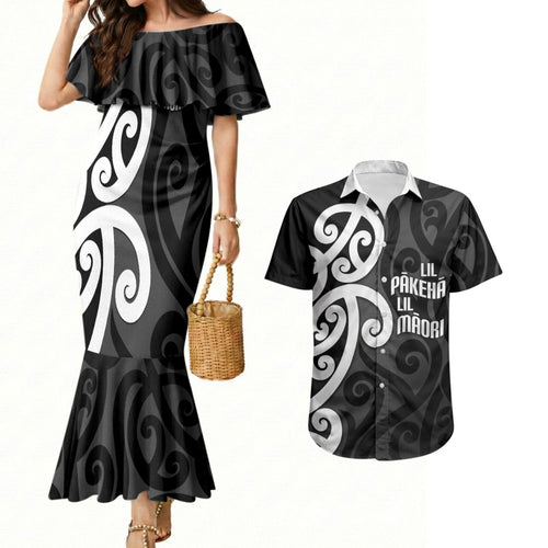 Lil Pakeha Lil Maori New Zealand Couples Matching Mermaid Dress and Hawaiian Shirt Kiwi Proud Mangopare Pattern