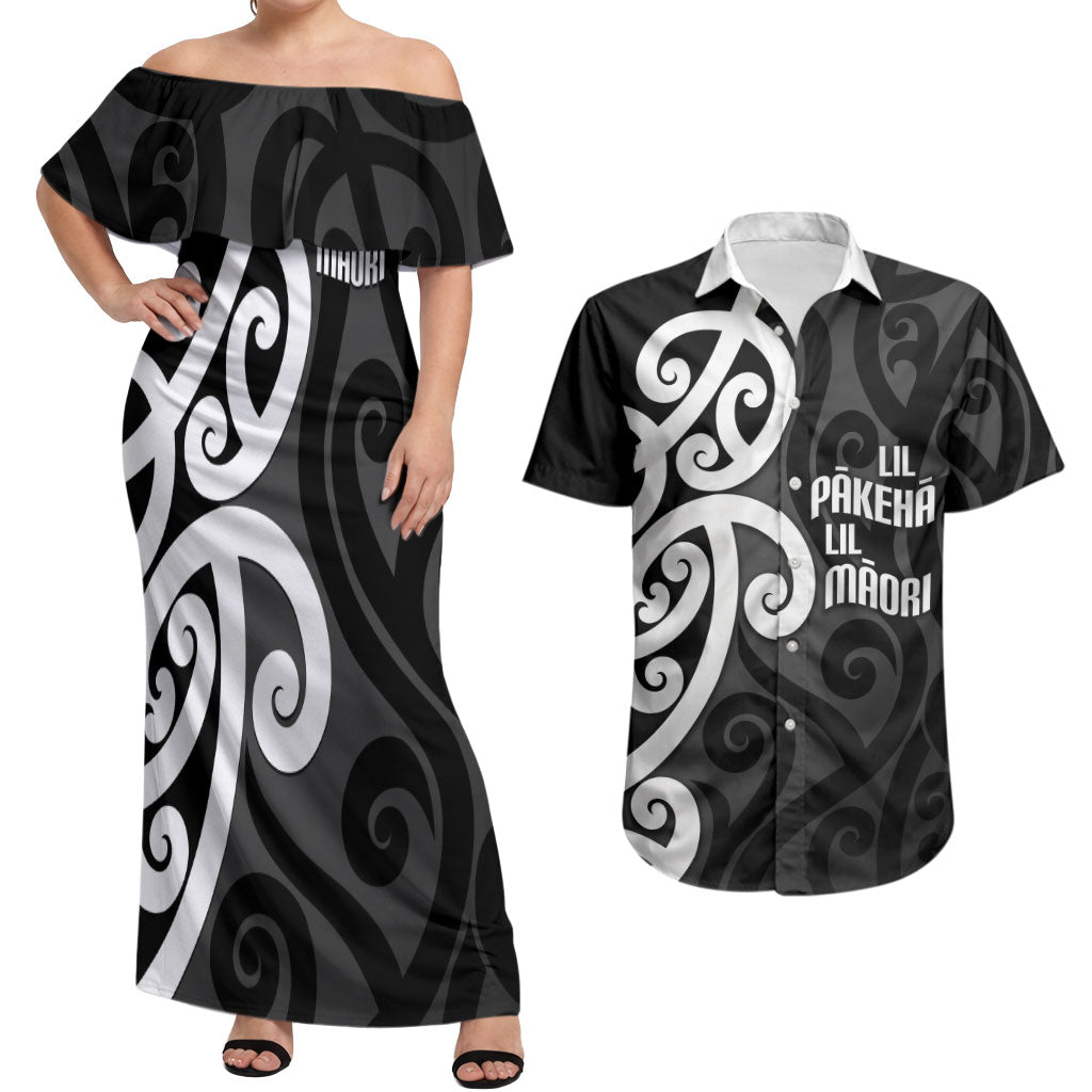 Lil Pakeha Lil Maori New Zealand Couples Matching Off Shoulder Maxi Dress and Hawaiian Shirt Kiwi Proud Mangopare Pattern