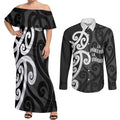Lil Pakeha Lil Maori New Zealand Couples Matching Off Shoulder Maxi Dress and Long Sleeve Button Shirt Kiwi Proud Mangopare Pattern