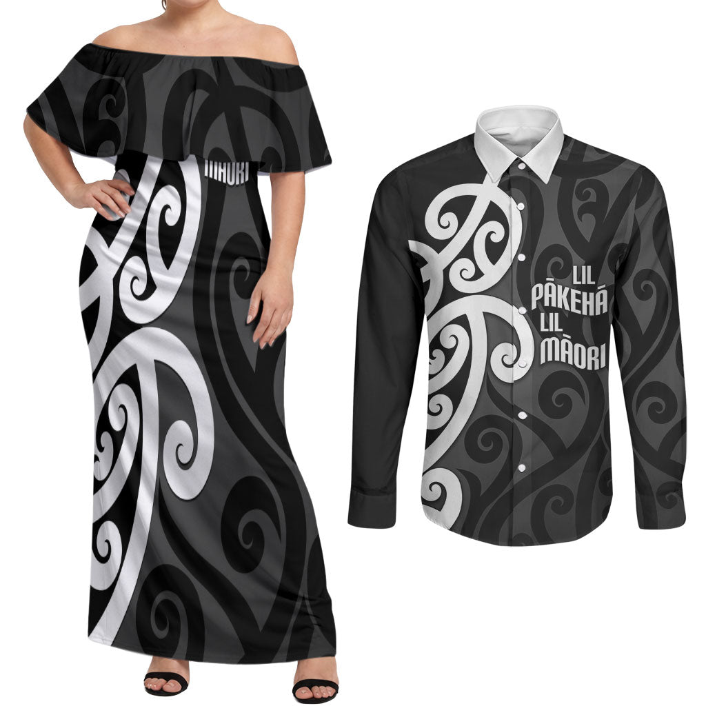 Lil Pakeha Lil Maori New Zealand Couples Matching Off Shoulder Maxi Dress and Long Sleeve Button Shirt Kiwi Proud Mangopare Pattern