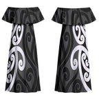 Lil Pakeha Lil Maori New Zealand Couples Matching Off Shoulder Maxi Dress and Long Sleeve Button Shirt Kiwi Proud Mangopare Pattern