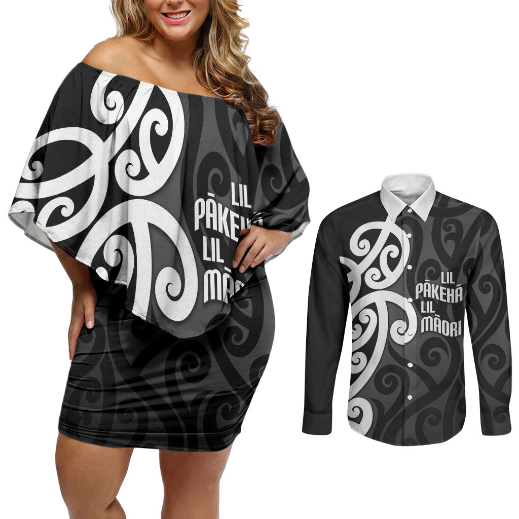 Lil Pakeha Lil Maori New Zealand Couples Matching Off Shoulder Short Dress and Long Sleeve Button Shirt Kiwi Proud Mangopare Pattern