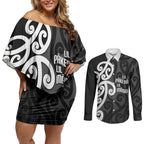 Lil Pakeha Lil Maori New Zealand Couples Matching Off Shoulder Short Dress and Long Sleeve Button Shirt Kiwi Proud Mangopare Pattern