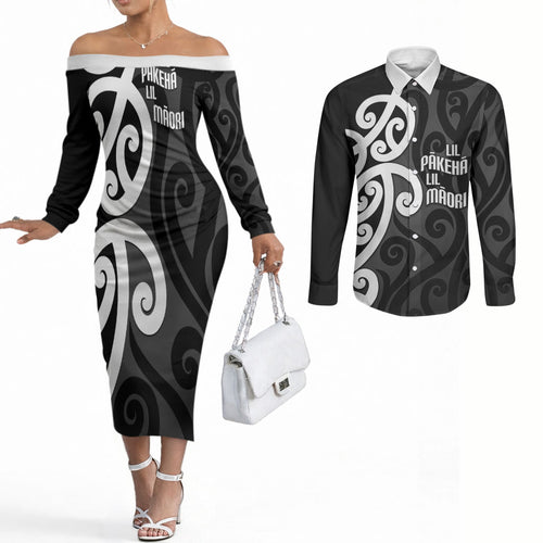 Lil Pakeha Lil Maori New Zealand Couples Matching Off The Shoulder Long Sleeve Dress and Long Sleeve Button Shirt Kiwi Proud Mangopare Pattern