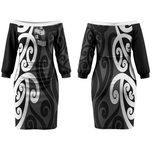 Lil Pakeha Lil Maori New Zealand Couples Matching Off The Shoulder Long Sleeve Dress and Long Sleeve Button Shirt Kiwi Proud Mangopare Pattern