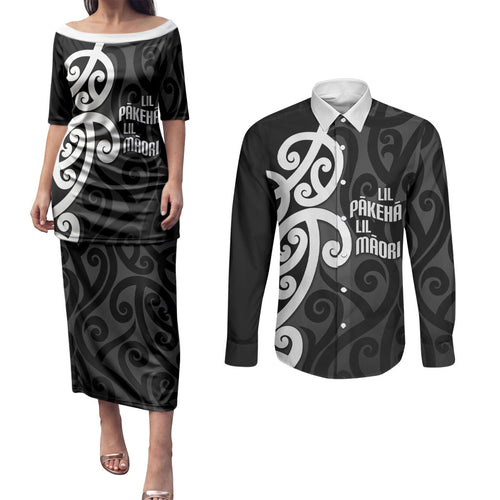 Lil Pakeha Lil Maori New Zealand Couples Matching Puletasi and Long Sleeve Button Shirt Kiwi Proud Mangopare Pattern