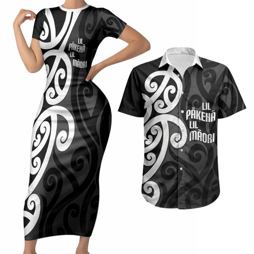 Lil Pakeha Lil Maori New Zealand Couples Matching Short Sleeve Bodycon Dress and Hawaiian Shirt Kiwi Proud Mangopare Pattern