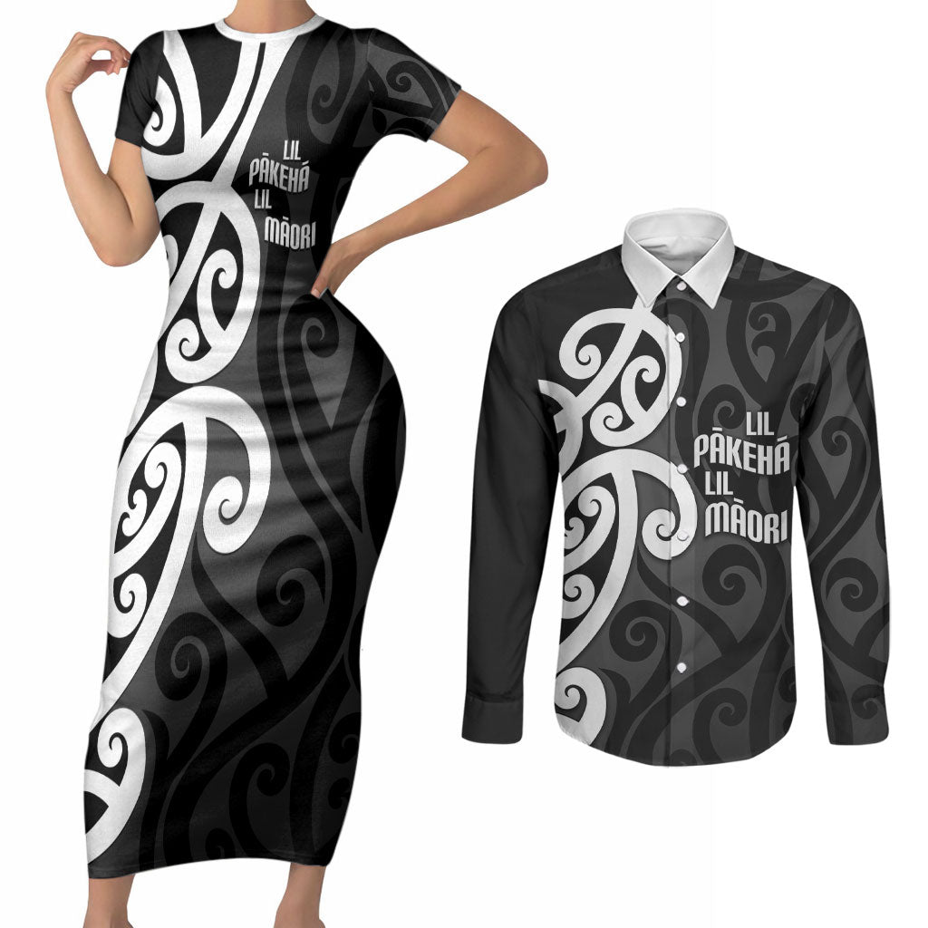Lil Pakeha Lil Maori New Zealand Couples Matching Short Sleeve Bodycon Dress and Long Sleeve Button Shirt Kiwi Proud Mangopare Pattern