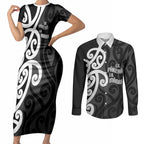 Lil Pakeha Lil Maori New Zealand Couples Matching Short Sleeve Bodycon Dress and Long Sleeve Button Shirt Kiwi Proud Mangopare Pattern