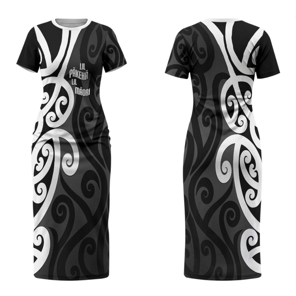 Lil Pakeha Lil Maori New Zealand Couples Matching Short Sleeve Bodycon Dress and Long Sleeve Button Shirt Kiwi Proud Mangopare Pattern