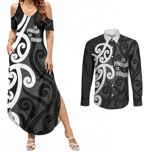 Lil Pakeha Lil Maori New Zealand Couples Matching Summer Maxi Dress and Long Sleeve Button Shirt Kiwi Proud Mangopare Pattern