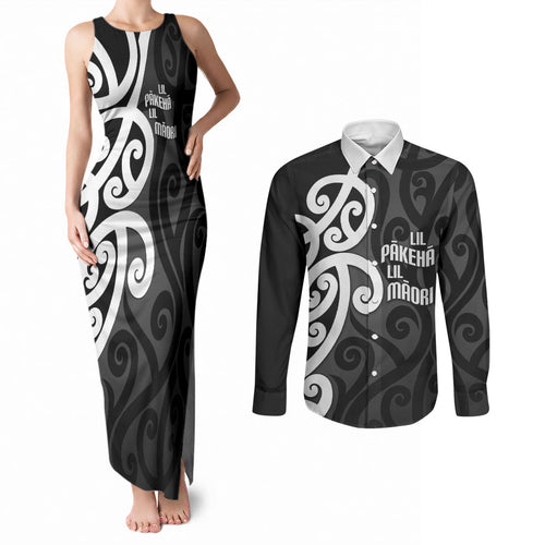 Lil Pakeha Lil Maori New Zealand Couples Matching Tank Maxi Dress and Long Sleeve Button Shirt Kiwi Proud Mangopare Pattern