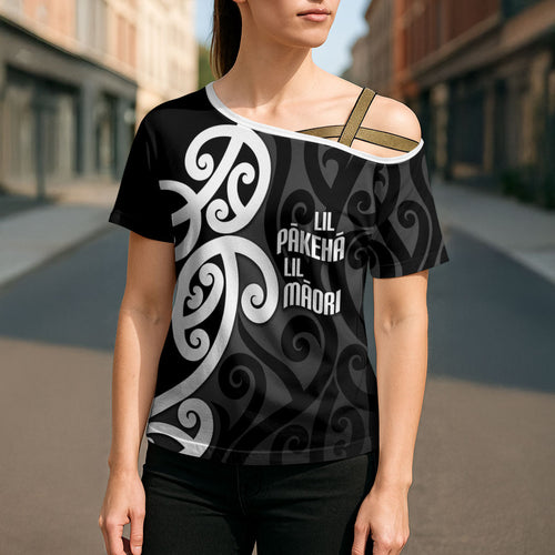 Lil Pakeha Lil Maori New Zealand Cross Shoulder Shirt Kiwi Proud Mangopare Pattern