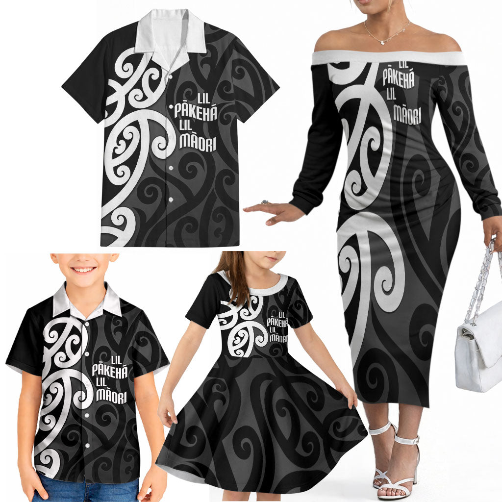 Lil Pakeha Lil Maori New Zealand Family Matching Off The Shoulder Long Sleeve Dress and Hawaiian Shirt Kiwi Proud Mangopare Pattern