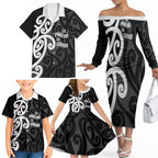 Lil Pakeha Lil Maori New Zealand Family Matching Off The Shoulder Long Sleeve Dress and Hawaiian Shirt Kiwi Proud Mangopare Pattern