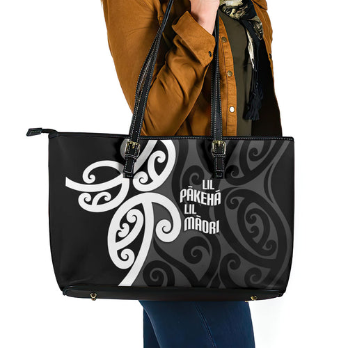 Lil Pakeha Lil Maori New Zealand Leather Tote Bag Kiwi Proud Mangopare Pattern