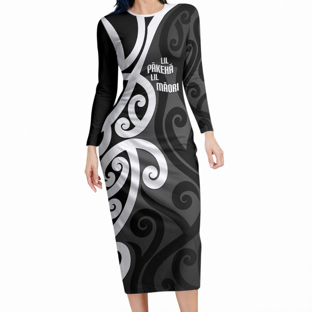 Lil Pakeha Lil Maori New Zealand Long Sleeve Bodycon Dress Kiwi Proud Mangopare Pattern