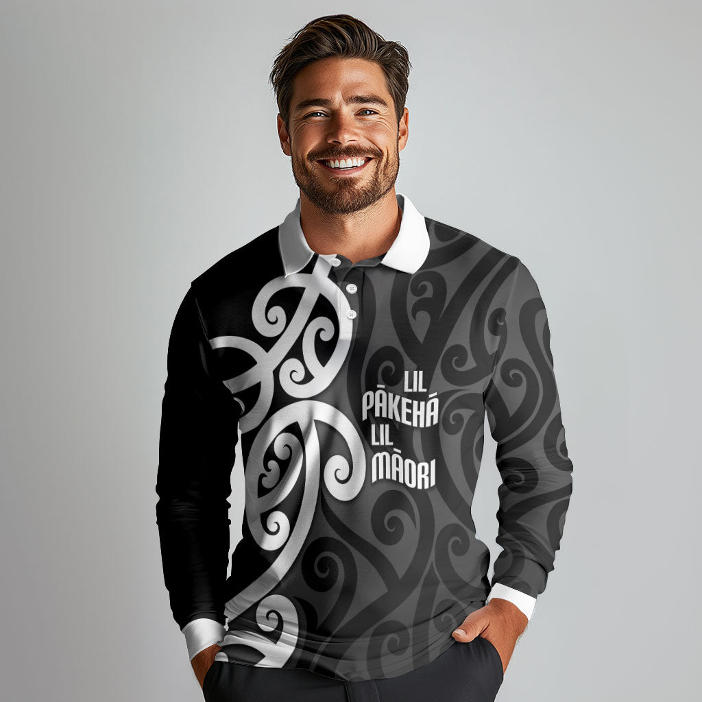 Lil Pakeha Lil Maori New Zealand Long Sleeve Polo Shirt Kiwi Proud Mangopare Pattern