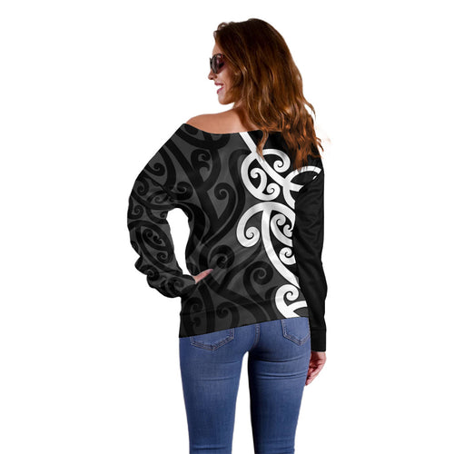 Lil Pakeha Lil Maori New Zealand Off Shoulder Sweater Kiwi Proud Mangopare Pattern