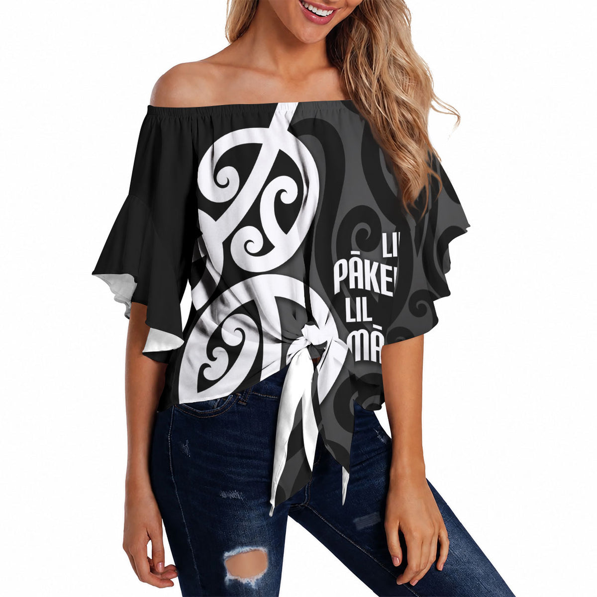 Lil Pakeha Lil Maori New Zealand Off Shoulder Wrap Waist Top Kiwi Proud Mangopare Pattern