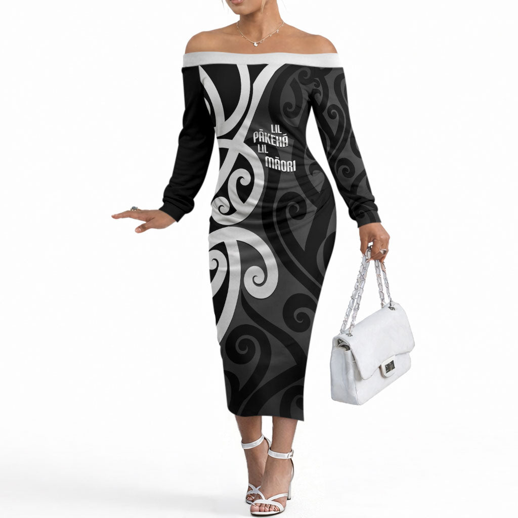 Lil Pakeha Lil Maori New Zealand Off The Shoulder Long Sleeve Dress Kiwi Proud Mangopare Pattern