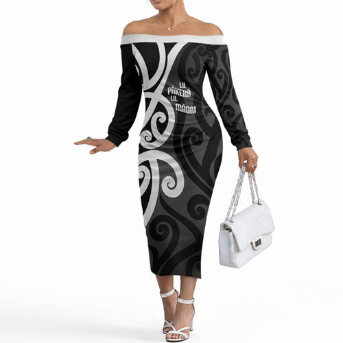 Lil Pakeha Lil Maori New Zealand Off The Shoulder Long Sleeve Dress Kiwi Proud Mangopare Pattern