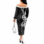 Lil Pakeha Lil Maori New Zealand Off The Shoulder Long Sleeve Dress Kiwi Proud Mangopare Pattern
