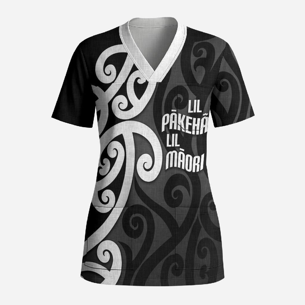 Lil Pakeha Lil Maori New Zealand Scrub Top Kiwi Proud Mangopare Pattern