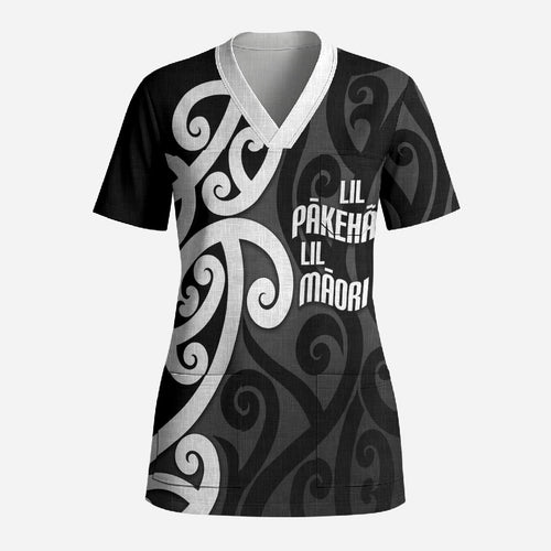 Lil Pakeha Lil Maori New Zealand Scrub Top Kiwi Proud Mangopare Pattern