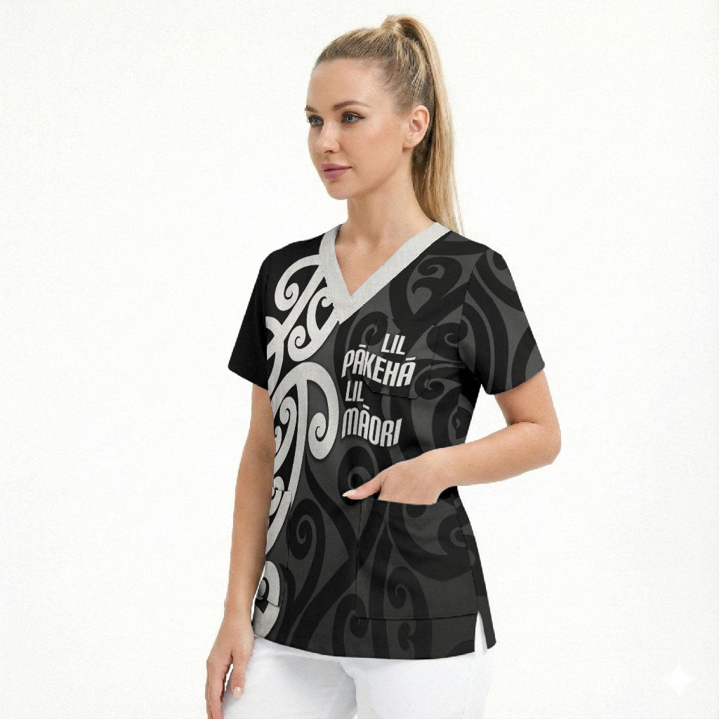 Lil Pakeha Lil Maori New Zealand Scrub Top Kiwi Proud Mangopare Pattern