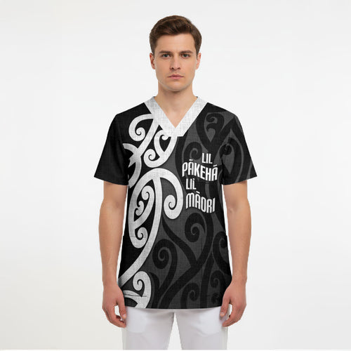 Lil Pakeha Lil Maori New Zealand Scrub Top Kiwi Proud Mangopare Pattern